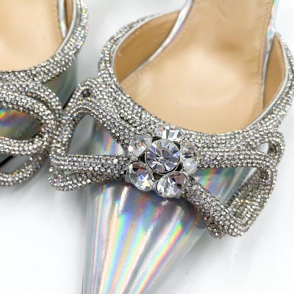 Mach & Mach Crystal Double Bow Mules Silver Iridescent Kitten Heel‎ Sz 37 / 7 - Picture 4 of 11